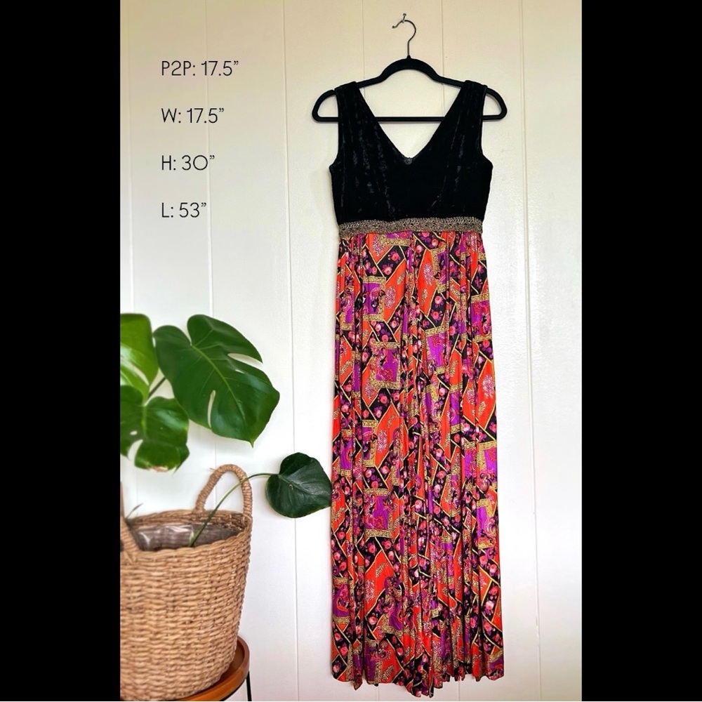 Elegant Black and Multicolor Maxi Dress Vintage 80s - Picture 3 of 5